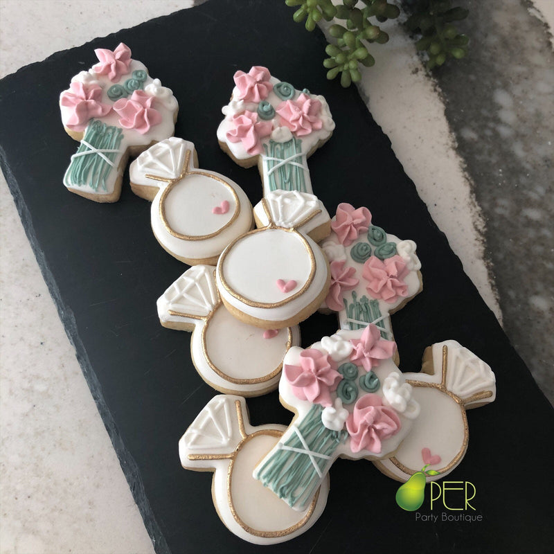 Wedding Mini Cookies | Bridal Ring & Bouquet | 2 Cookies