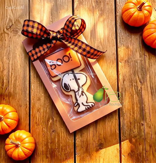 A packaged Snoopy cookie on a wooden tabletop with small pumpkins around it. The cookie is inside a clear windowed gift card or bag with an orange sign that says 'Snoopy' and a black-and-orange plaid ribbon bow.